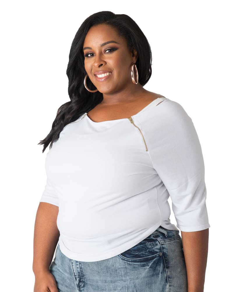 Side of a model wearing a size L Taylor Zipper Shoulder Shirt in White by Poetic Justice. | dia_product_style_image_id:275626